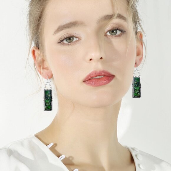 Green Handmade Bohemian Tribal Retro Colorful Square Bar Dangle Drop Earrings - Picture 4 of 6